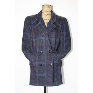 Vtg 80s NYG New York Girl Black Plaid Wool Double Breasted Peacoat Women’s S/M